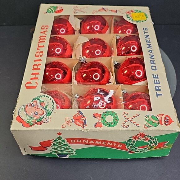 Vintage Poland Christmas Ornaments Baubles Set Of 12 RED Shiny Glass - Picture 15 of 16